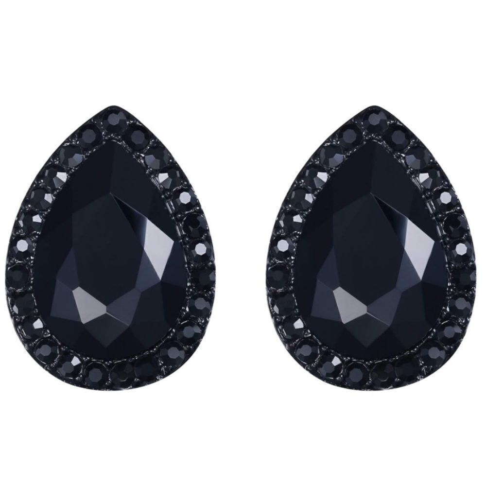 Carbon Black with Black Onyx Austrian Crystal Teardrop Stud Post Back Earrings